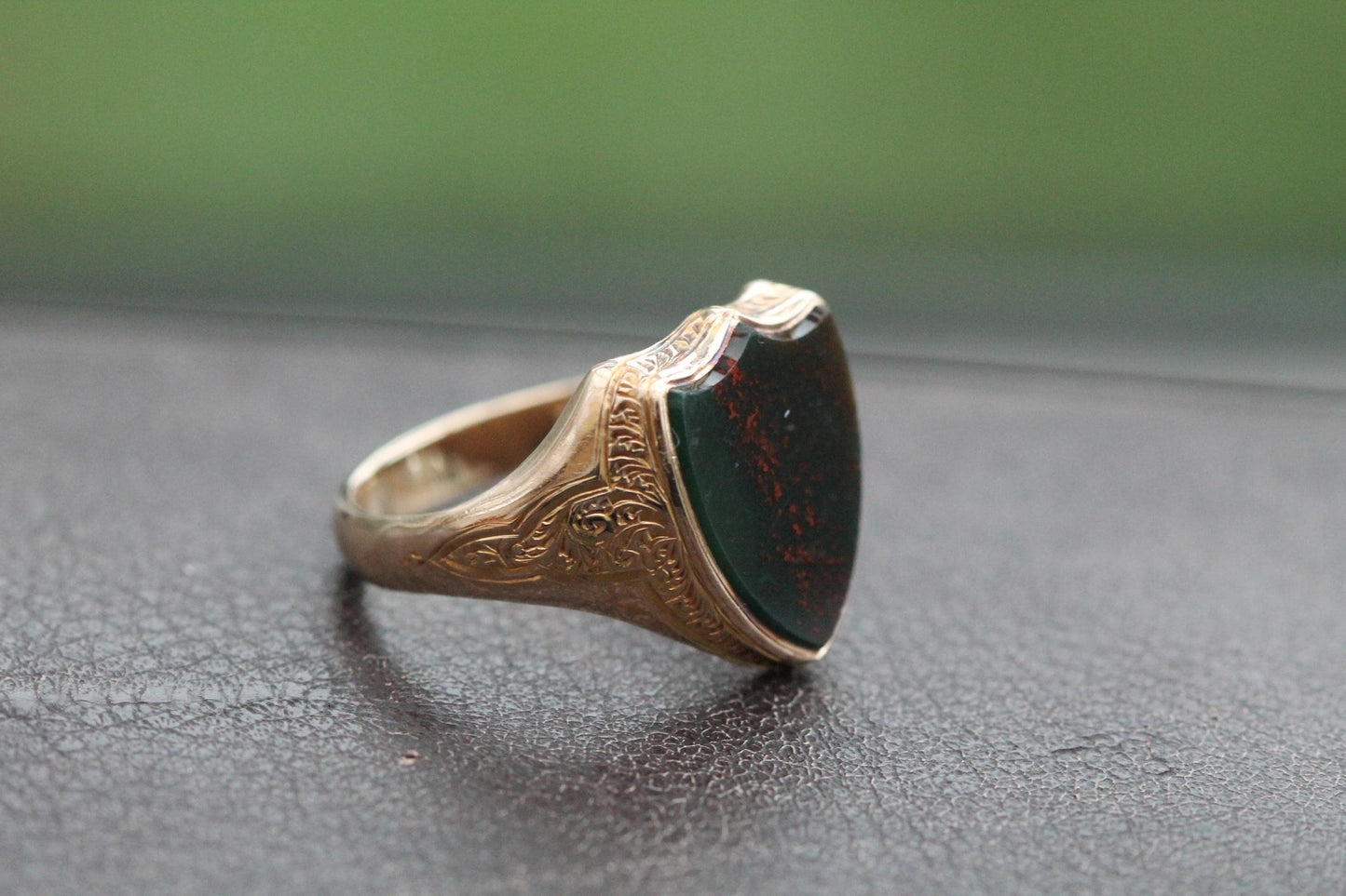 Antique 15ct Gold Signet Ring, Bloodstone Shield, Chased Shoulders, 1878
