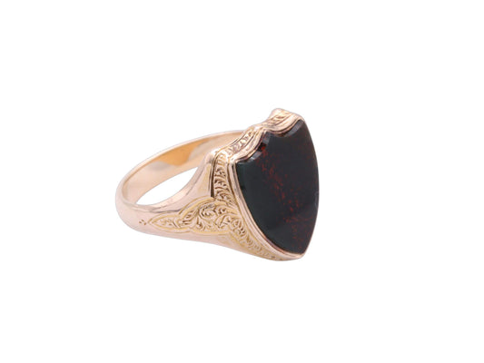 Antique 15ct Gold Signet Ring, Bloodstone Shield, Chased Shoulders, 1878