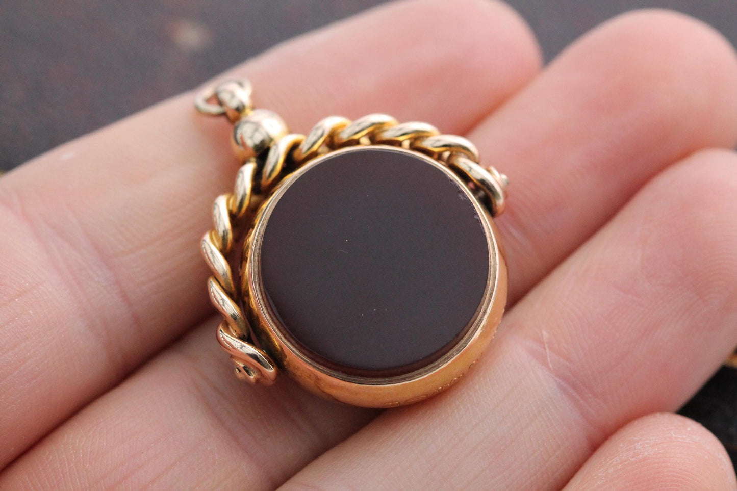 Antique 15ct Gold Bloodstone Spinner Pendant, 1887
