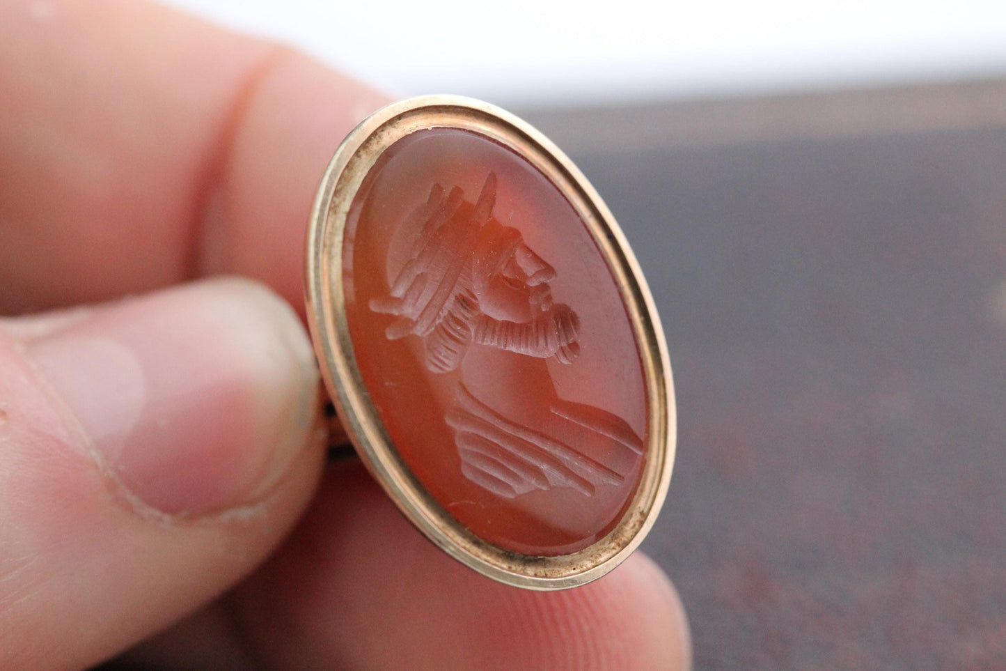 Antique 9ct Gold Carnelian Intaglio Portrait Seal Pendant