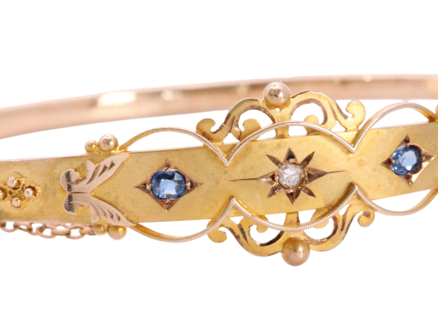 Antique 9ct Gold Diamond Sapphire Bangle, 7"