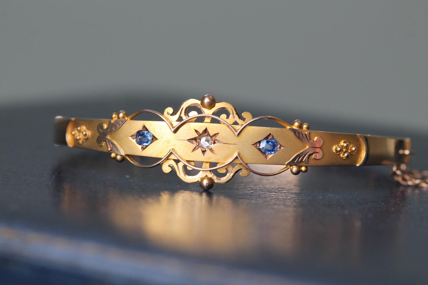 Antique 9ct Gold Diamond Sapphire Bangle, 7"