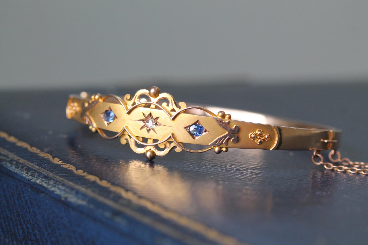 Antique 9ct Gold Diamond Sapphire Bangle, 7"