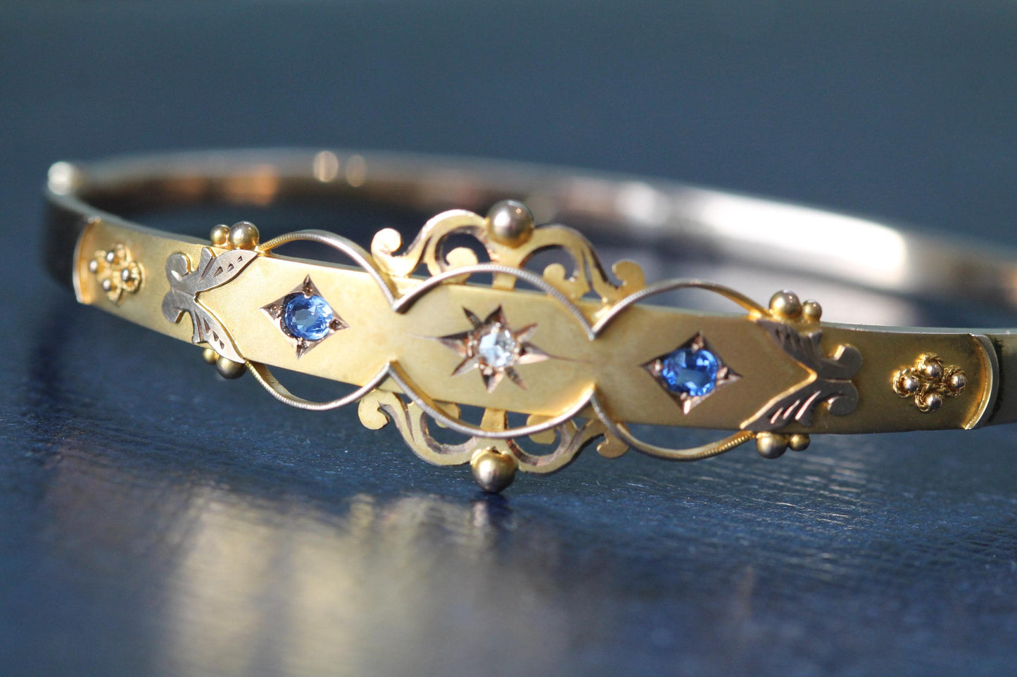 Antique 9ct Gold Diamond Sapphire Bangle, 7"