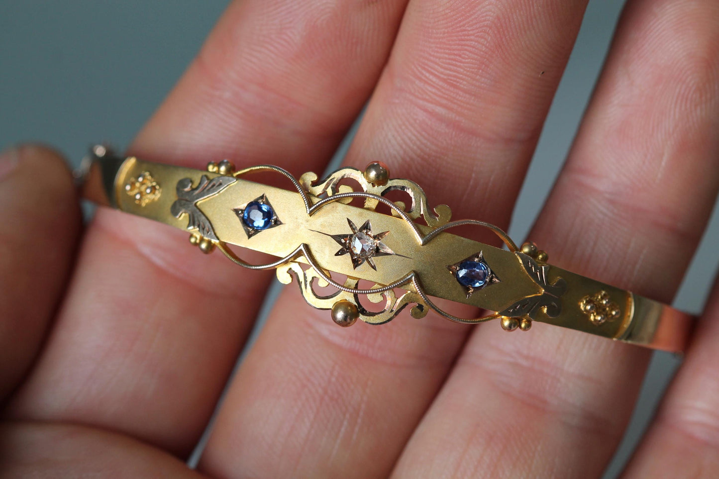 Antique 9ct Gold Diamond Sapphire Bangle, 7"