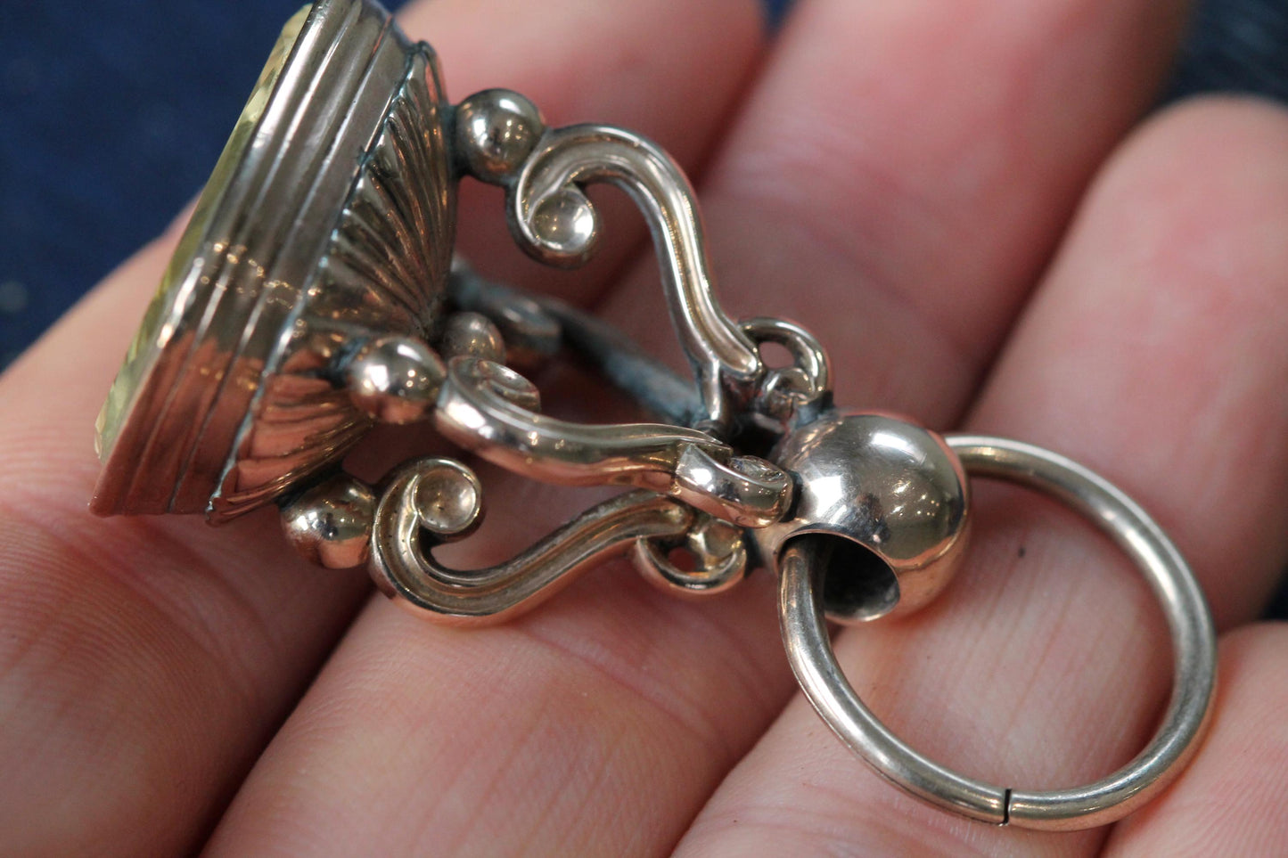 Antique 9ct Gold Pendant Intaglio Citrine Eagle Head & Rose, Split Ring, c.1860