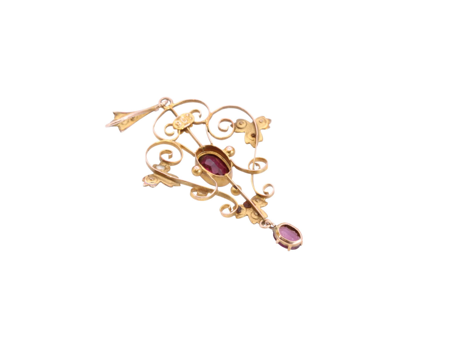 Antique-Edwardian-Art-Nouveau-9ct-Gold-Garnet-&-Seed-Pearl-Pendant