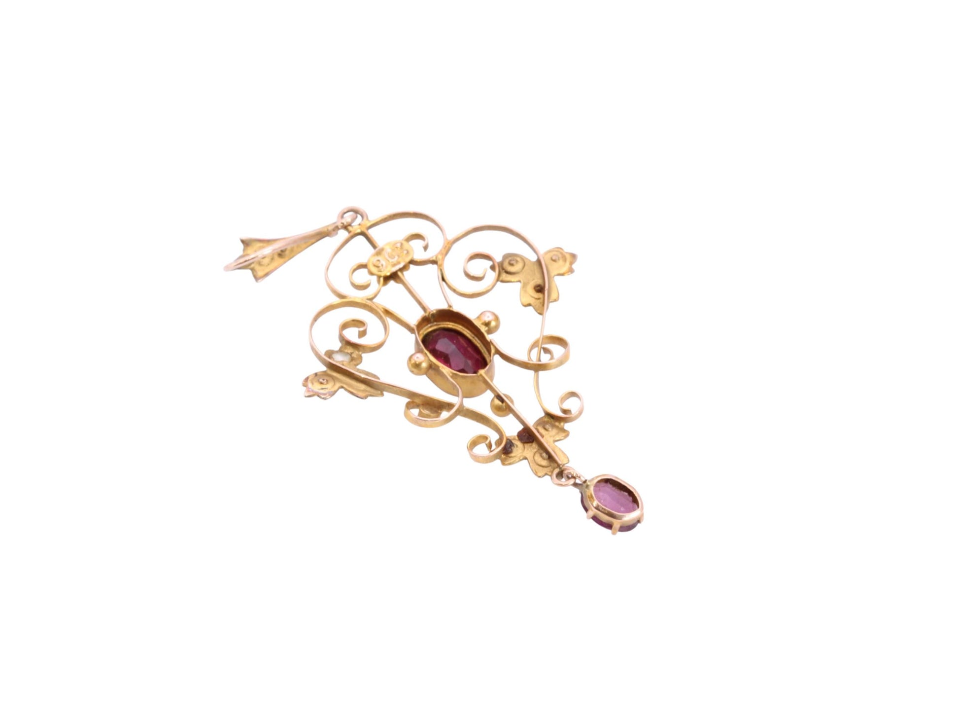 Antique-Edwardian-Art-Nouveau-9ct-Gold-Garnet-&-Seed-Pearl-Pendant