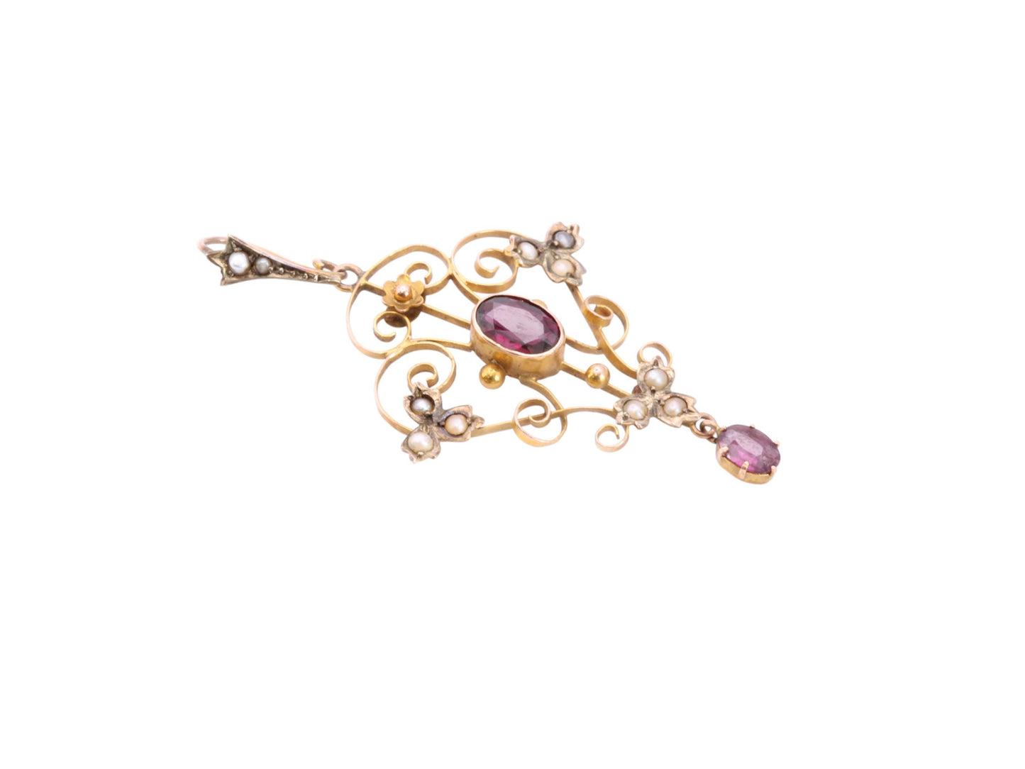 Antique Edwardian Art Nouveau 9ct Gold Garnet & Seed Pearl Pendant