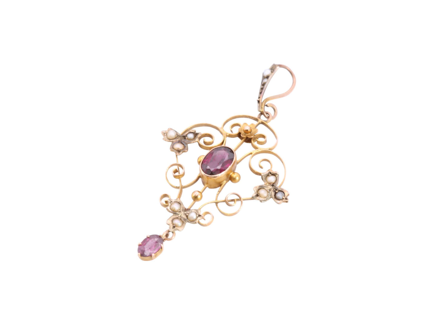 Antique Edwardian Art Nouveau 9ct Gold Garnet & Seed Pearl Pendant