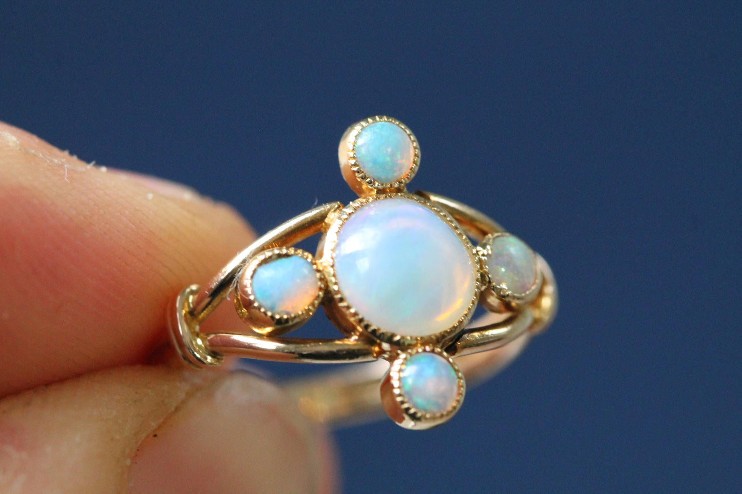 Antique Edwardian 15ct Gold Opal Cluster Ring, Five Opal Cabochons c.1905