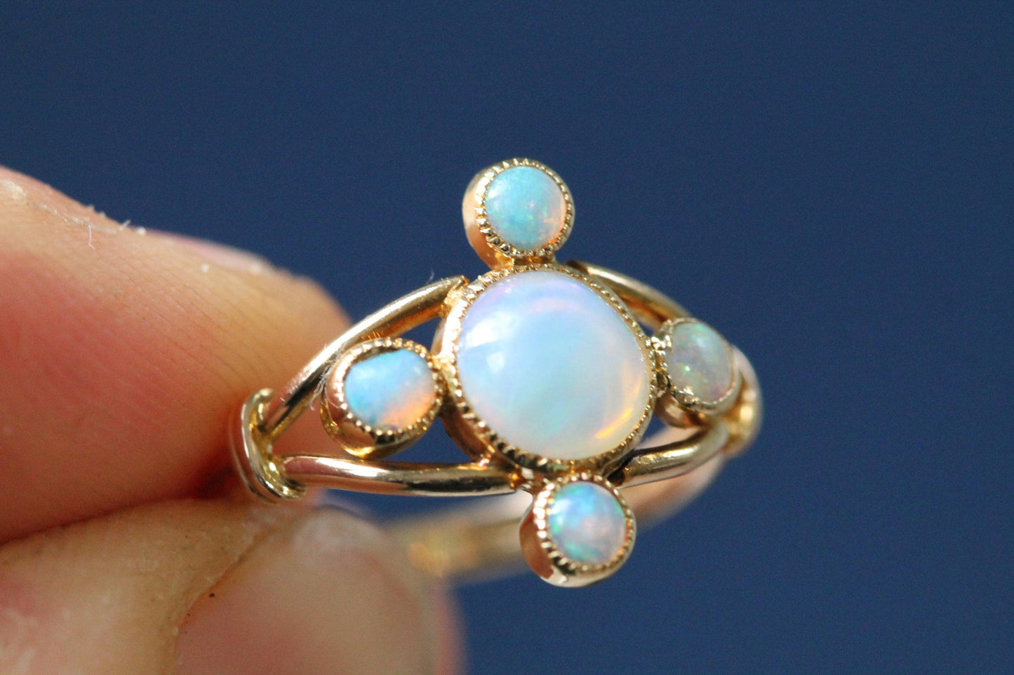 Antique Edwardian 15ct Gold Opal Cluster Ring, Five Opal Cabochons c.1905