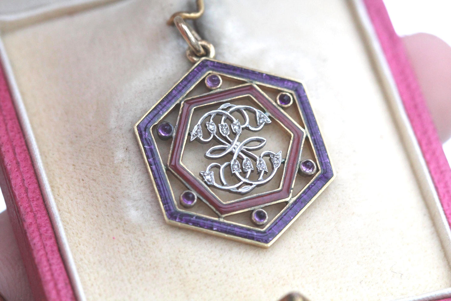 Antique French 18ct Gold Enamel Diamond Pendant With Original Box