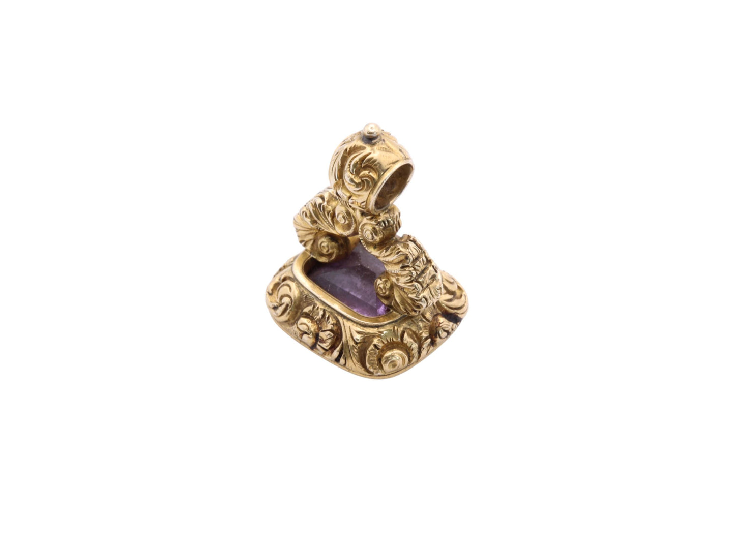 Antique 15ct Gold Amethyst Intaglio Chased Pendant Seal, "Tho’ lost to sight, to memory dear"