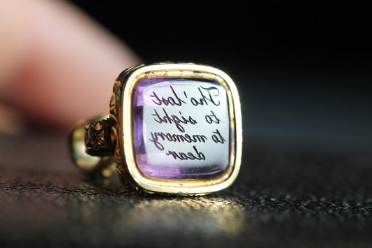 Antique 15ct Gold Amethyst Intaglio Chased Pendant Seal, "Tho’ lost to sight, to memory dear"
