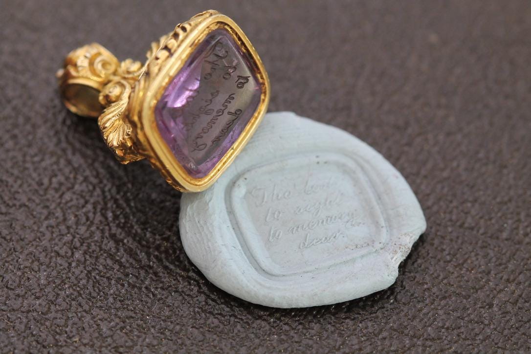Antique 15ct Gold Amethyst Intaglio Chased Pendant Seal, "Tho’ lost to sight, to memory dear"
