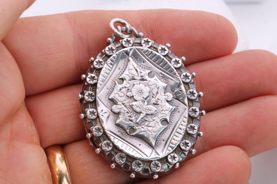 Antique Sterling Silver Floral Rose & Star Decorative Locket, 1887