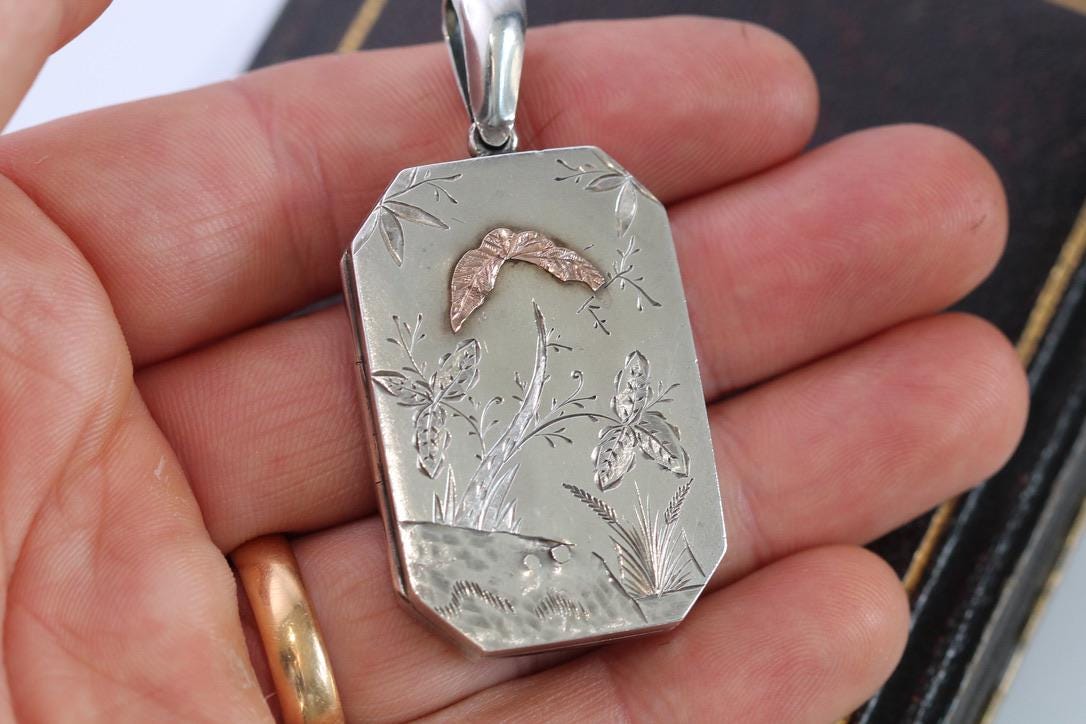 Antique Sterling Silver Aesthetic 9ct Gold Locket, 1880