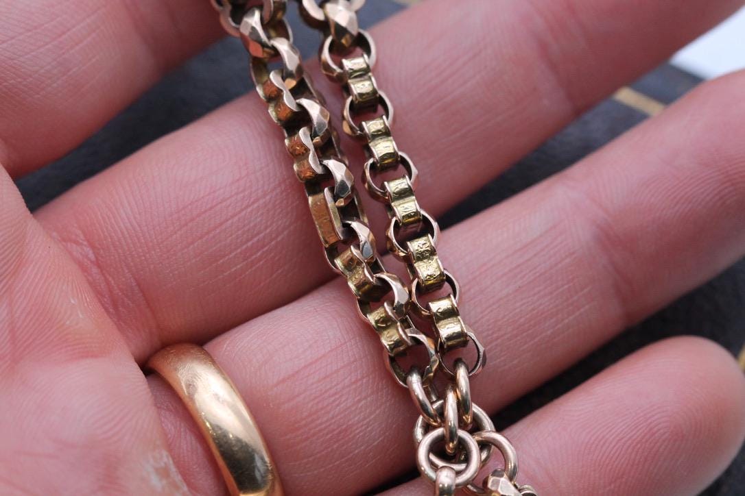 Antique 9ct Gold Faceted Fancy Belcher Bar Link Albert Chain Necklace, 15.25"