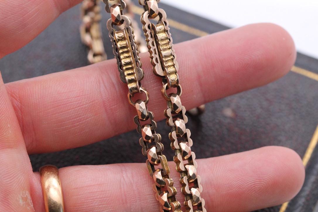 Antique 9ct Gold Faceted Fancy Belcher Bar Link Albert Chain Necklace, 15.25"