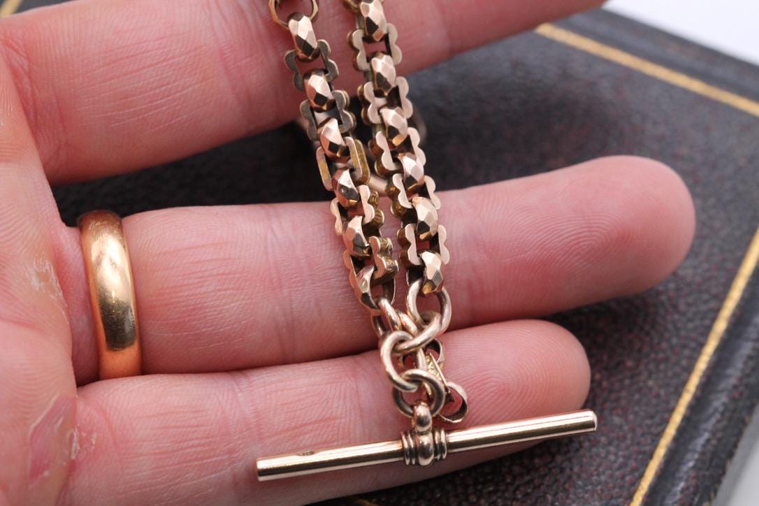Antique 9ct Gold Faceted Fancy Belcher Bar Link Albert Chain Necklace, 15.25"