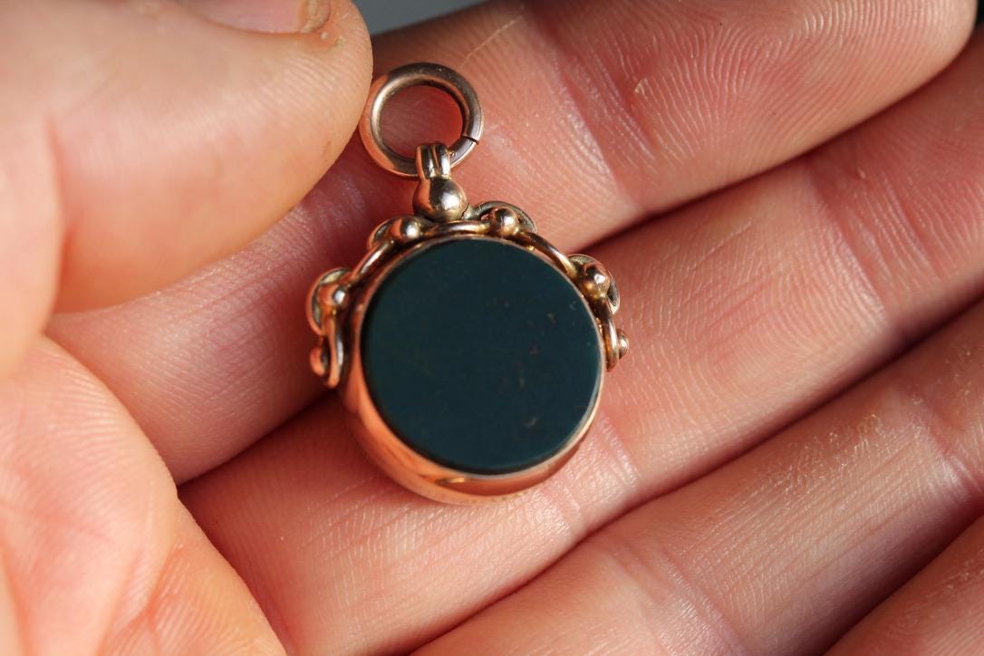Antique 9ct Gold Bloodstone Compass Pendant, 1921
