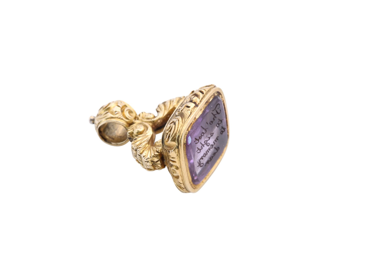 Antique 15ct Gold Amethyst Intaglio Chased Pendant Seal, "Tho’ lost to sight, to memory dear"