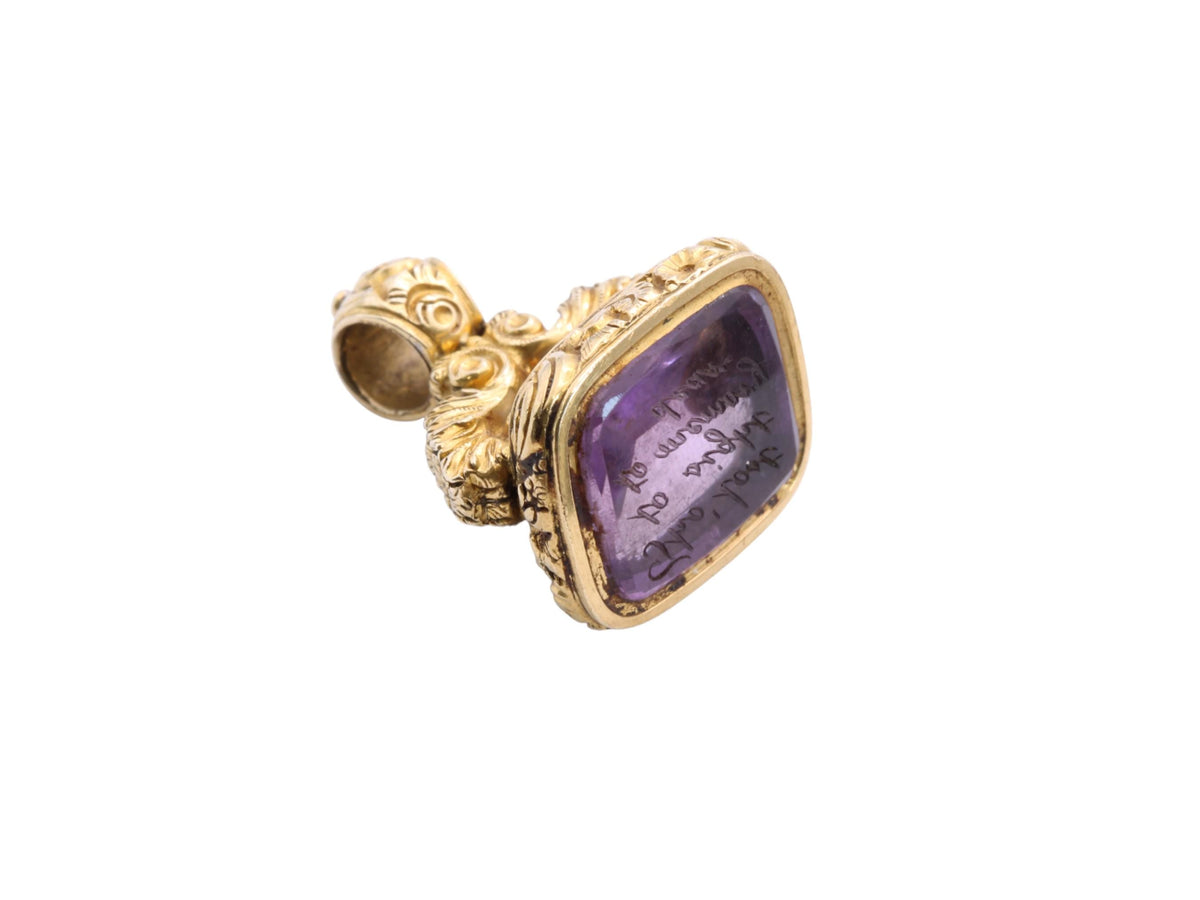 Antique 15ct Gold Amethyst Intaglio Chased Pendant Seal, "Tho’ lost to sight, to memory dear"