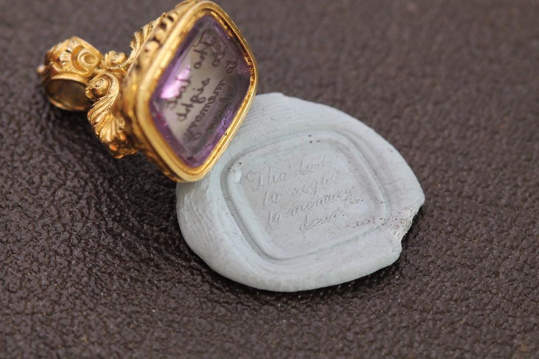 Antique 15ct Gold Amethyst Intaglio Chased Pendant Seal, "Tho’ lost to sight, to memory dear"