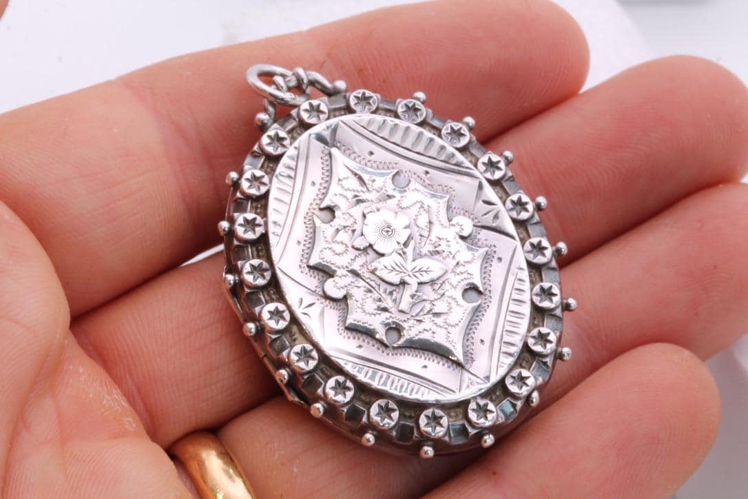 Antique Sterling Silver Floral Rose & Star Decorative Locket, 1887