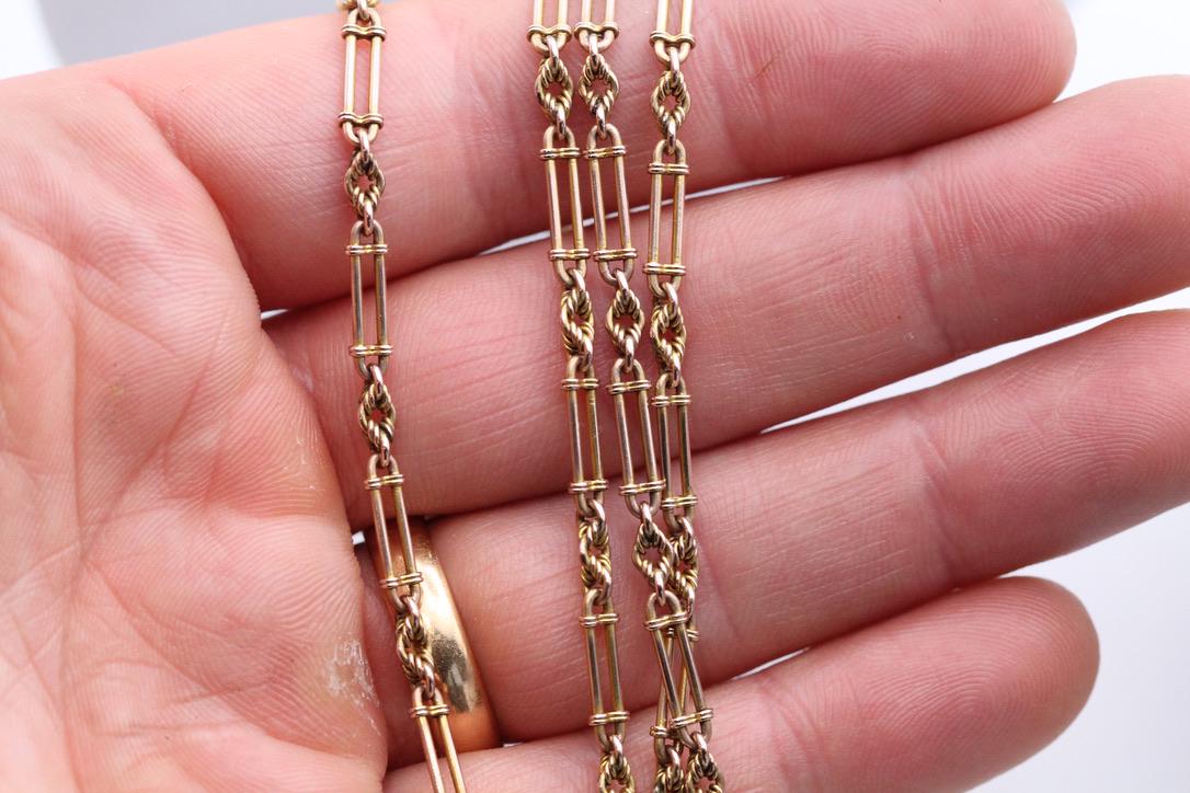 Antique 9ct Gold Trombone Lovers Knot Long Guard, 31g, 54"