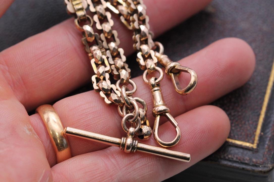 Antique 9ct Gold Faceted Fancy Belcher Bar Link Albert Chain Necklace, 15.25"