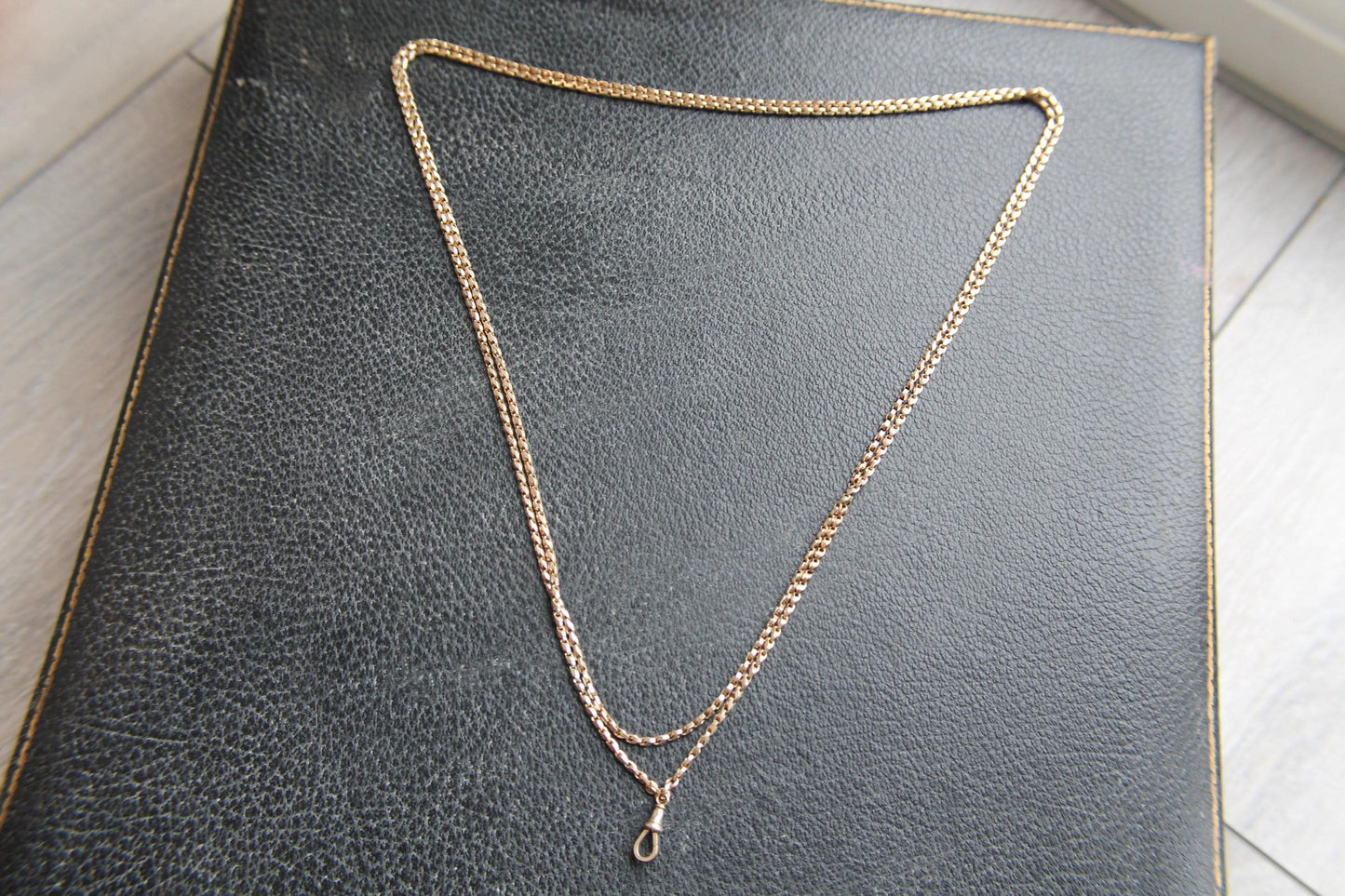 Antique 9ct Gold Tulip Link Long Guard Necklace Chain, 60"