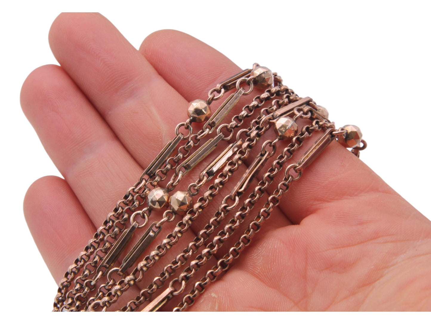 Antique 9ct Rolled Gold Fetter Ball Long Guard Necklace, 51"