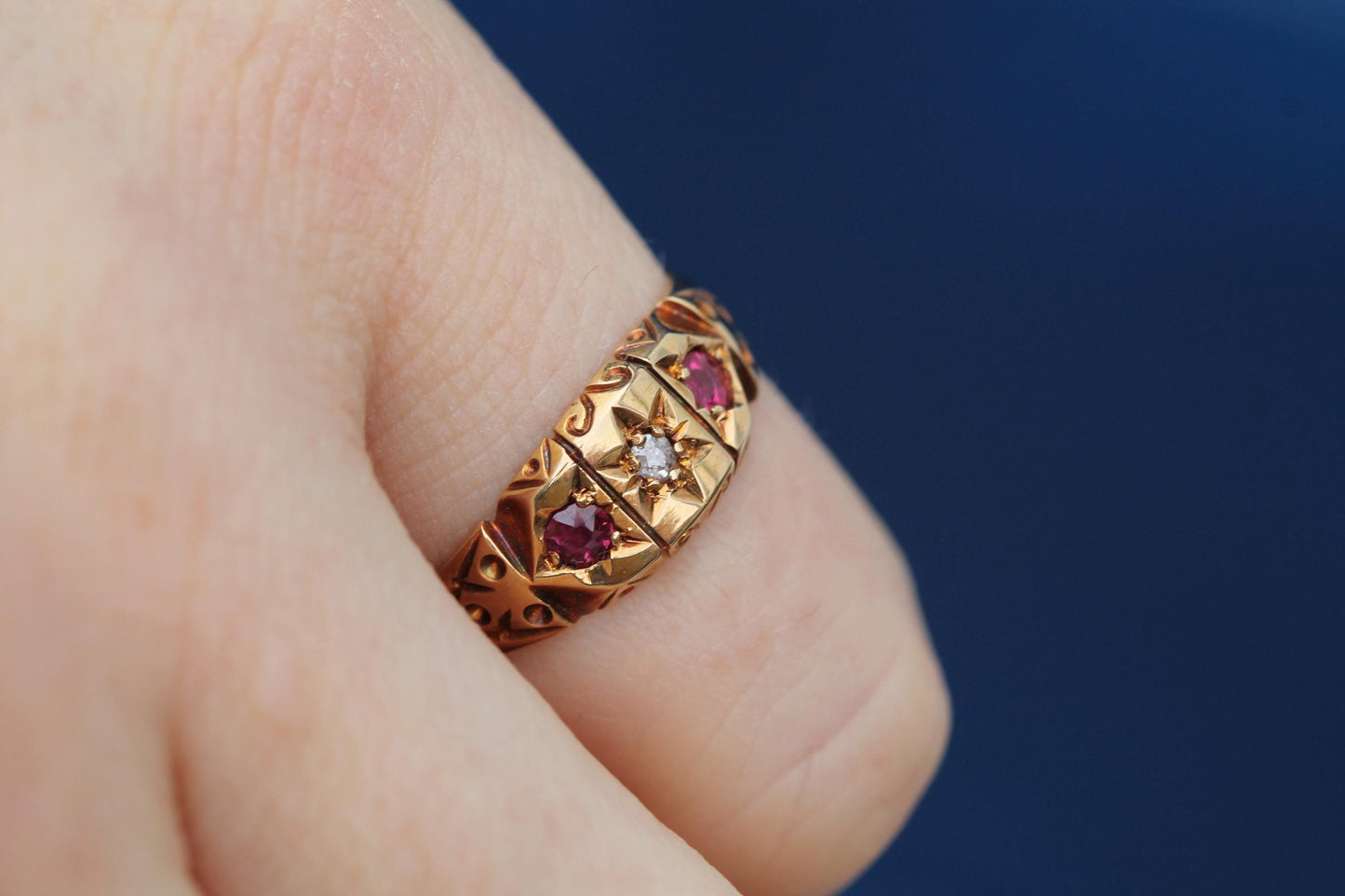 Antique 18ct Gold Diamond Ruby Gypsy Set Ring