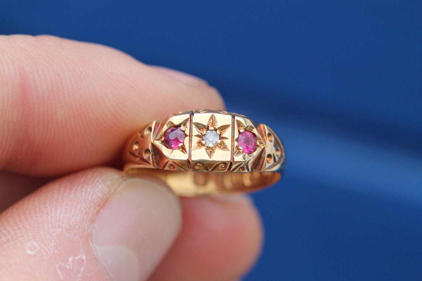 Antique 18ct Gold Diamond Ruby Gypsy Set Ring