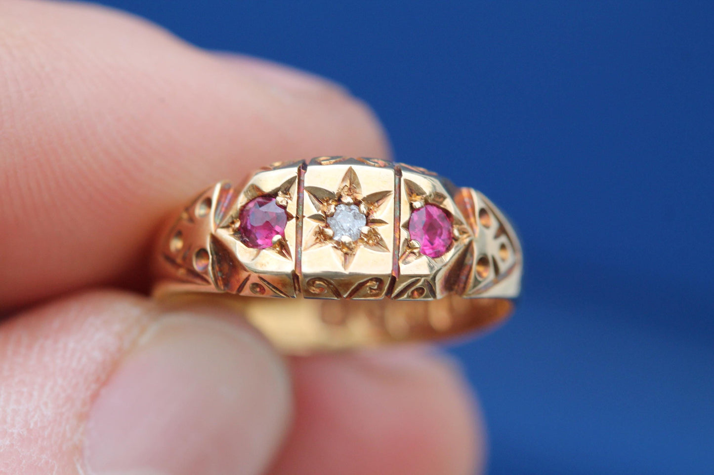 Antique 18ct Gold Diamond Ruby Gypsy Set Ring