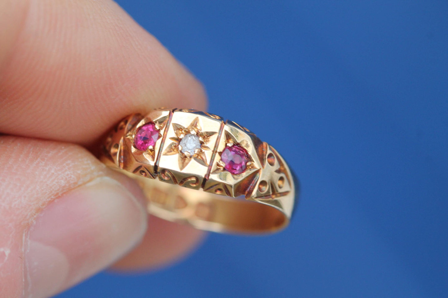 Antique 18ct Gold Diamond Ruby Gypsy Set Ring