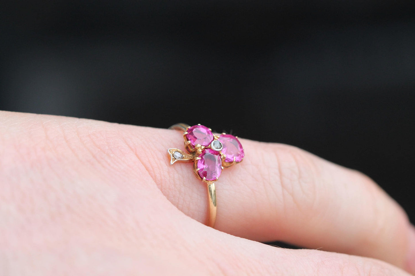 Antique 18ct Gold Pink Sapphire Diamond Shamrock Trefoil Ring, 1.5ct