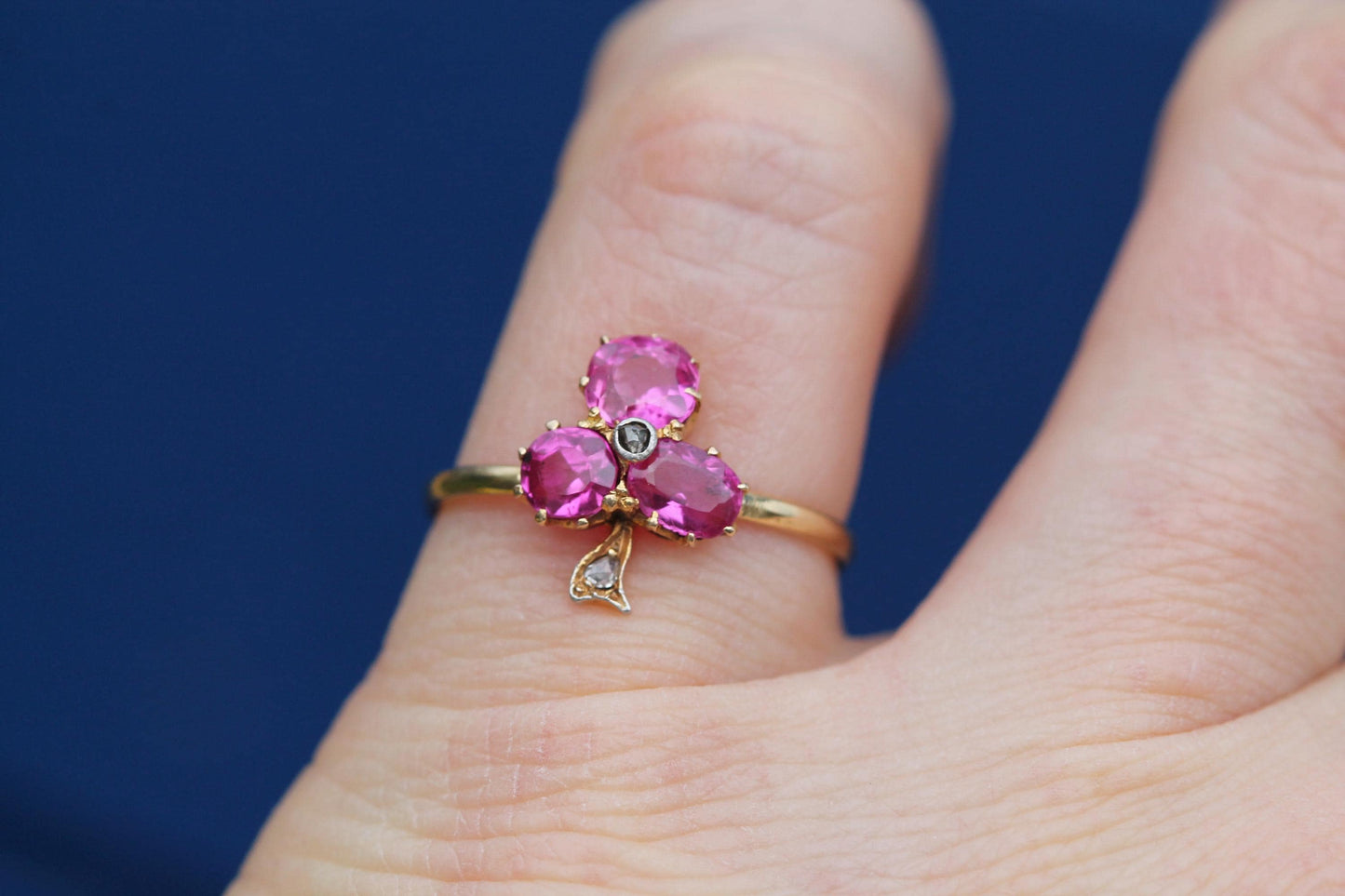 Antique 18ct Gold Pink Sapphire Diamond Shamrock Trefoil Ring, 1.5ct