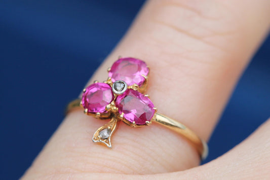 Antique 18ct Gold Pink Sapphire Diamond Shamrock Trefoil Ring, 1.5ct
