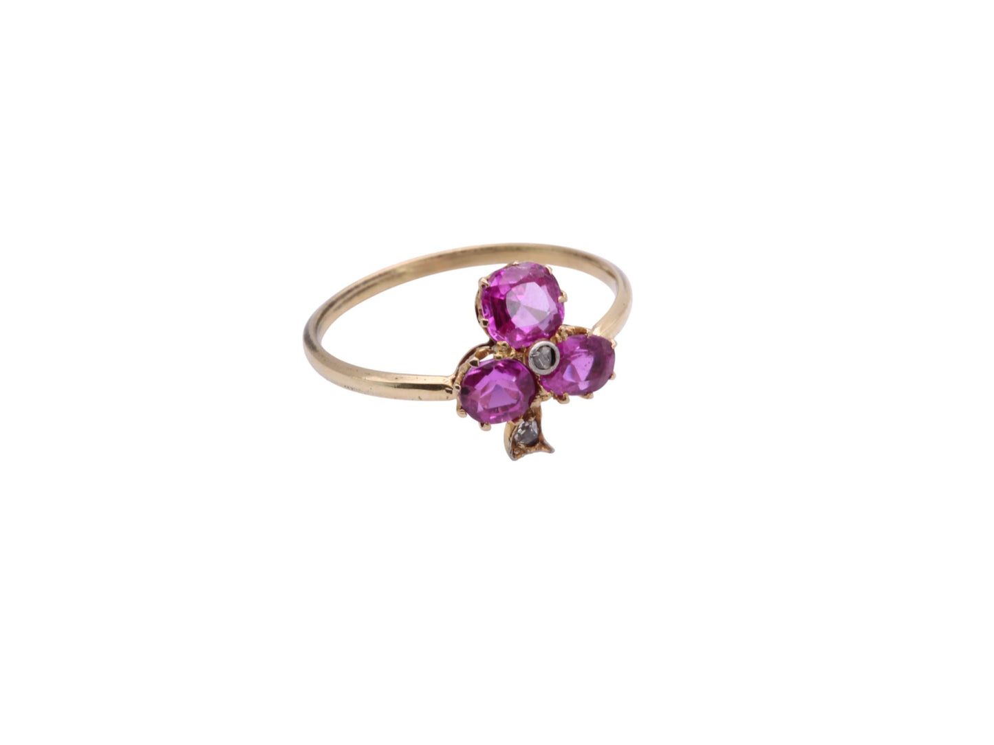 Antique 18ct Gold Pink Sapphire Diamond Shamrock Trefoil Ring, 1.5ct