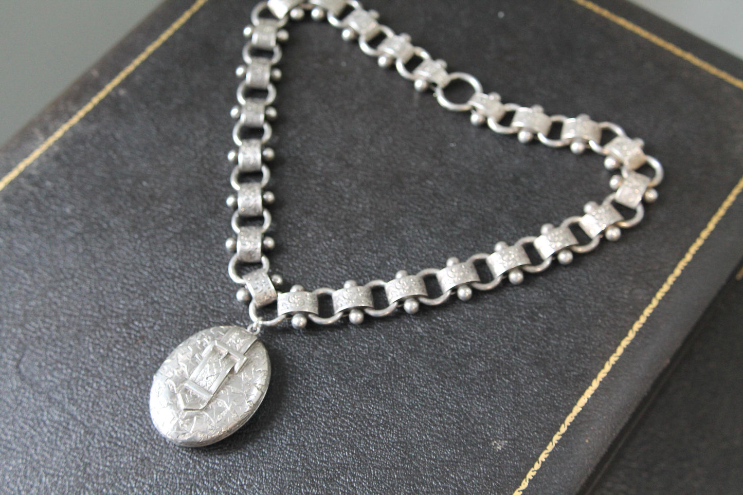 Antique Sterling Silver Bookchain Collar Locket Necklace, 18.5"