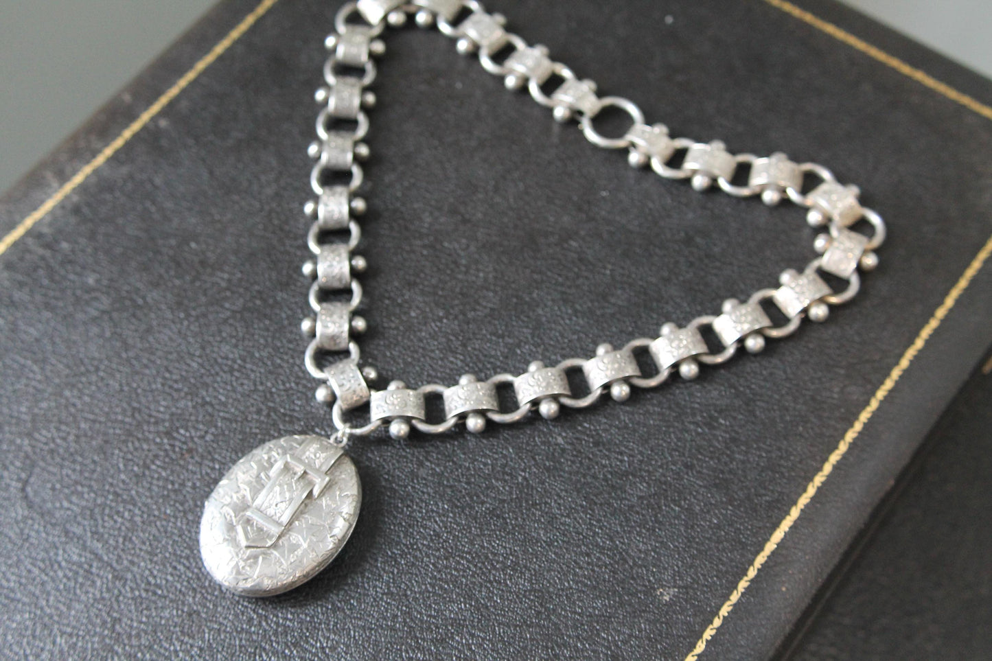 Antique Sterling Silver Bookchain Collar Locket Necklace, 18.5"