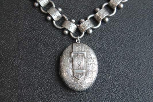 Antique Sterling Silver Bookchain Collar Locket Necklace, 18.5"