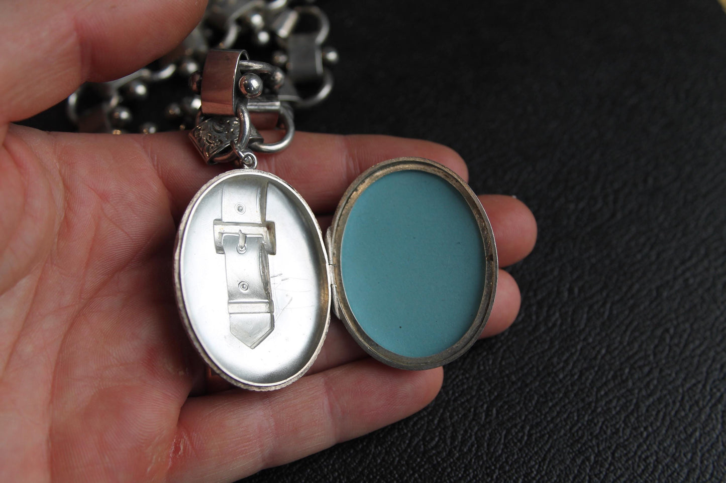 Antique Sterling Silver Bookchain Collar Locket Necklace, 18.5"