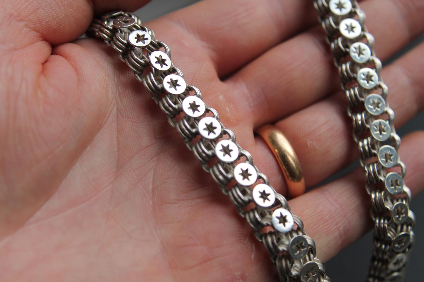 Antique Victorian Sterling Silver Star Link Bookchain Collar Necklace, 16.75"