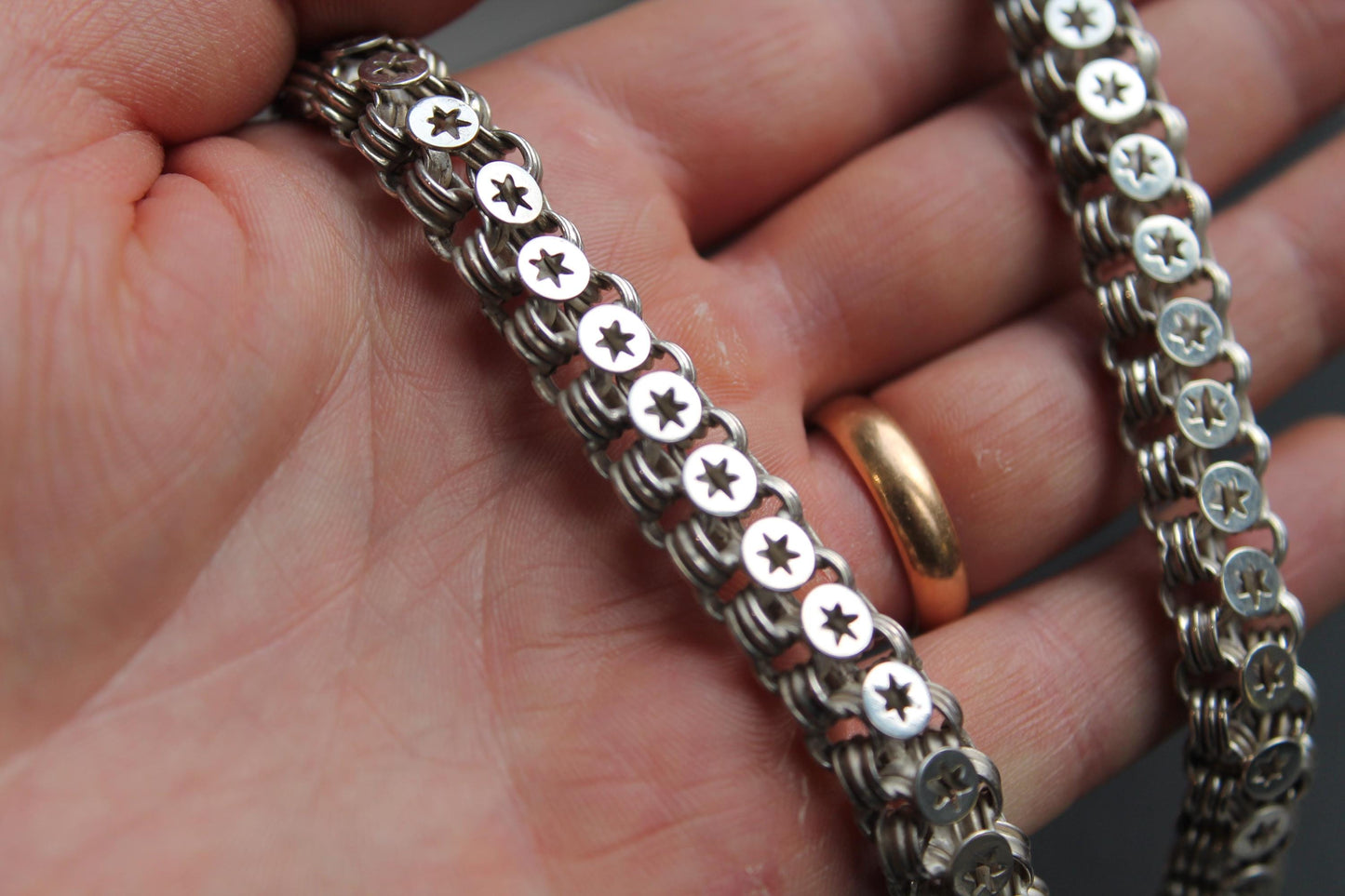 Antique Victorian Sterling Silver Star Link Bookchain Collar Necklace, 16.75"