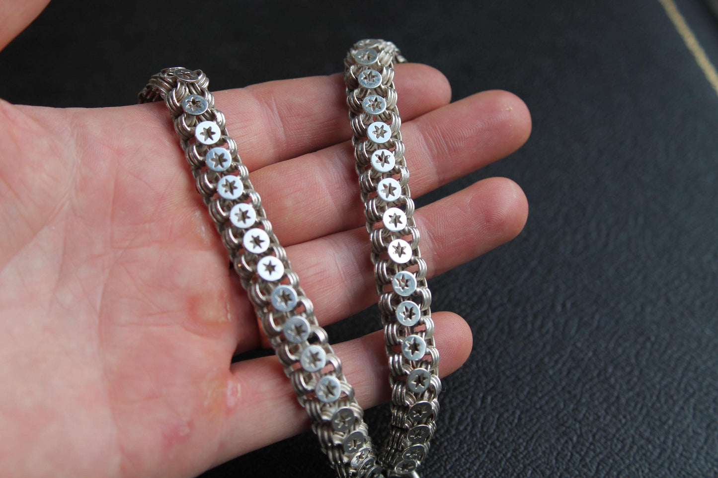 Antique Victorian Sterling Silver Star Link Bookchain Collar Necklace, 16.75"