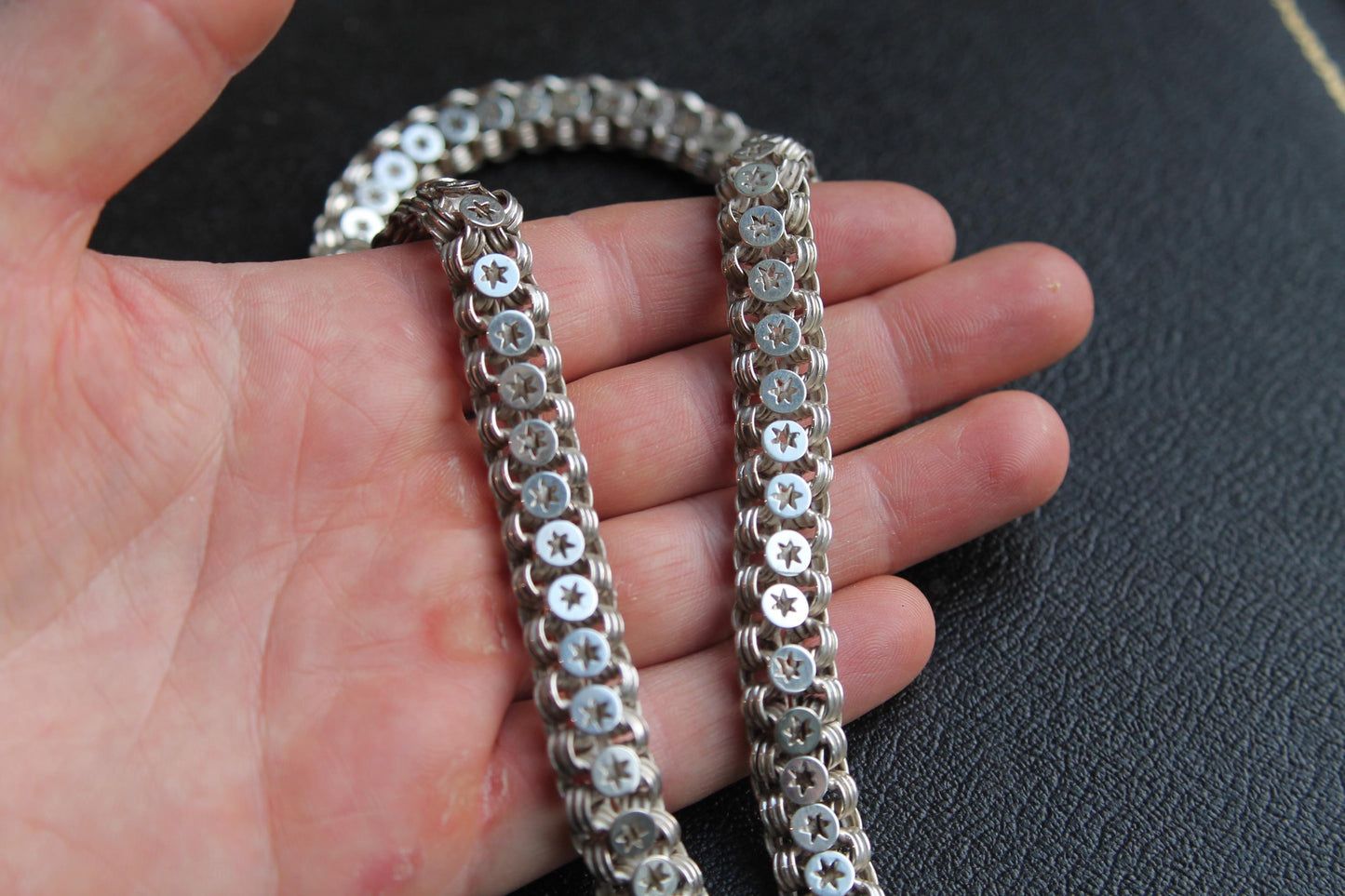 Antique Victorian Sterling Silver Star Link Bookchain Collar Necklace, 16.75"